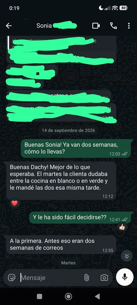 Conversación de WhatsApp con Sonia: «A la primera. Antes eso eran dos semanas de correos.»